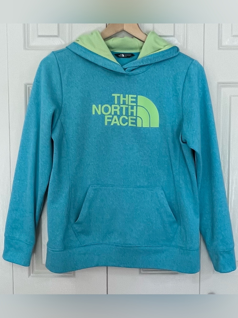 The North Face Women’s Size Large Teal Aqua Hoodie Sweatshirt With Lime Logo